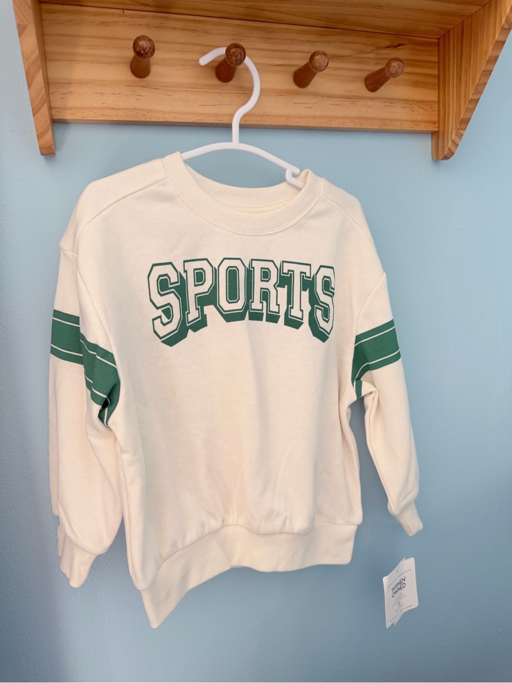 Grayson Mini Cream 'SPORTS' Pullover Sweater with Green Stripes